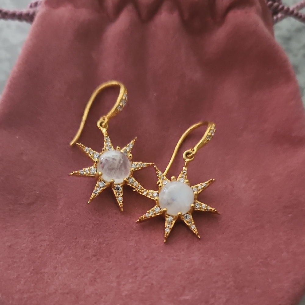 Boutique Gold Starburst Earrings with White Stones